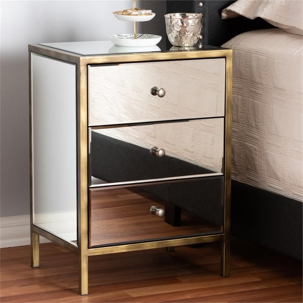 Baxton Studio Mirrored Modern Nightstand 3 Drawer Bedside Table Hollywood Glam Style - Wholesale Interiors Wood